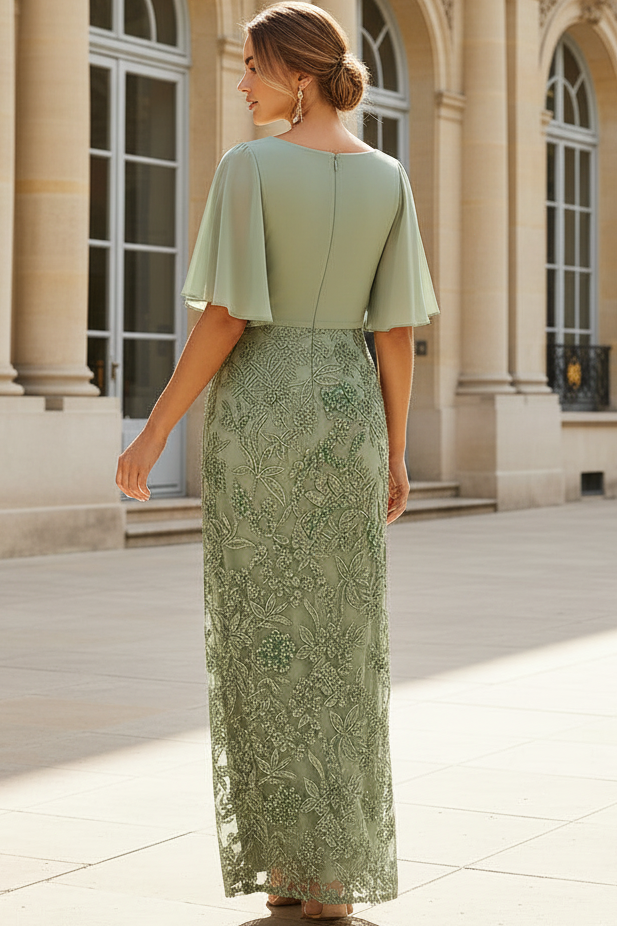 V-Neck Capelet Embroidered Evening Gown