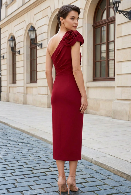 One-Shoulder Rosette Midi Sheath Dress