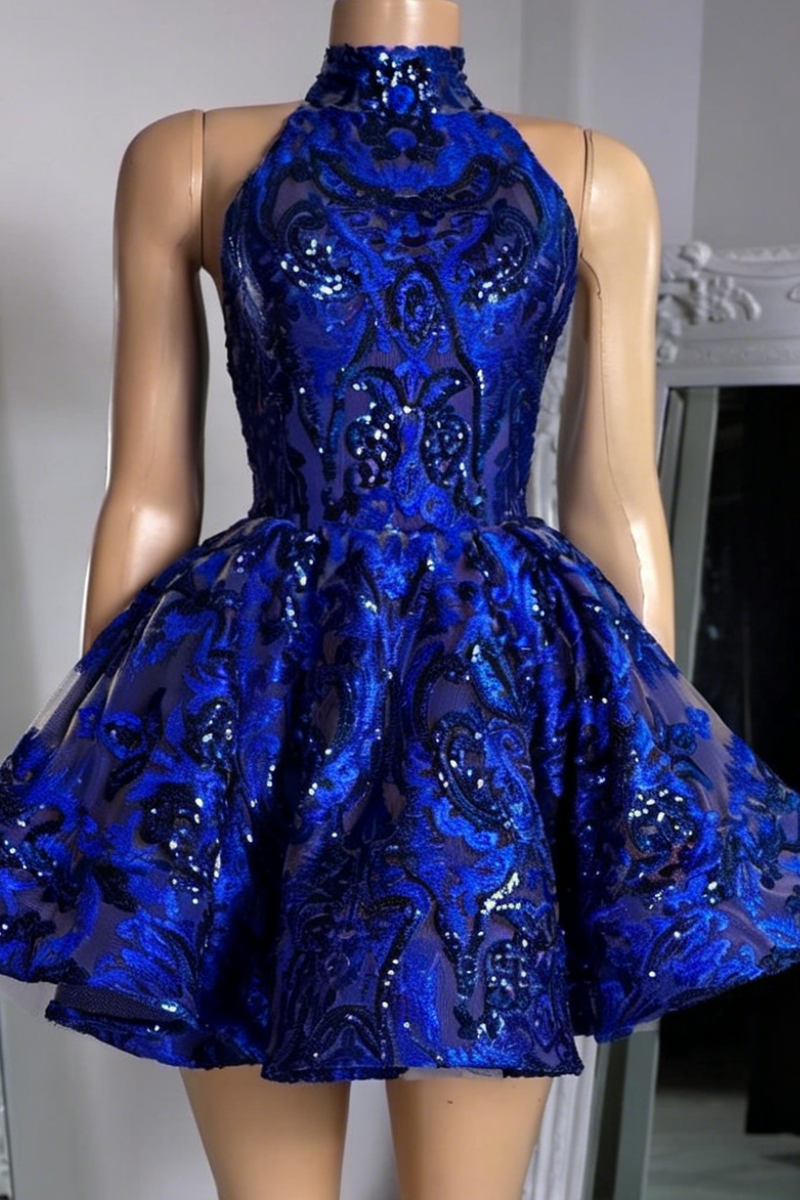 High Neck Sequined Halter A-Line Mini Dress