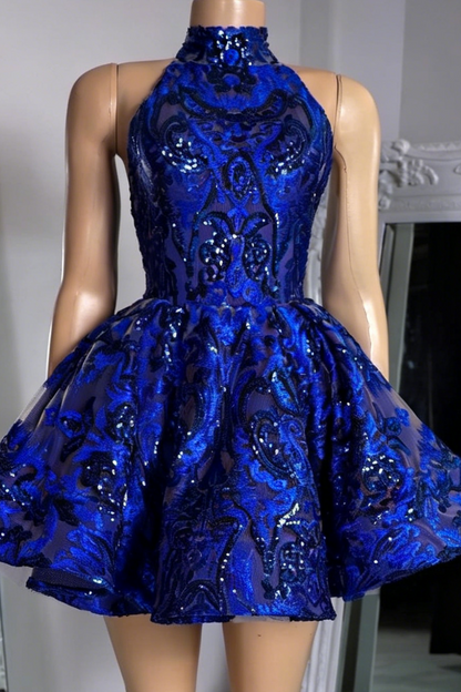 High Neck Sequined Halter A-Line Mini Dress