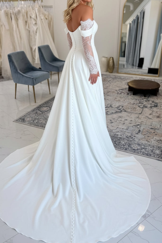 Off Shoulder Lace Sleeve A-Line Wedding Dress