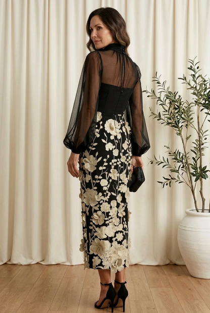 High Neck Illusion Sleeve 3D Floral Midi Dress