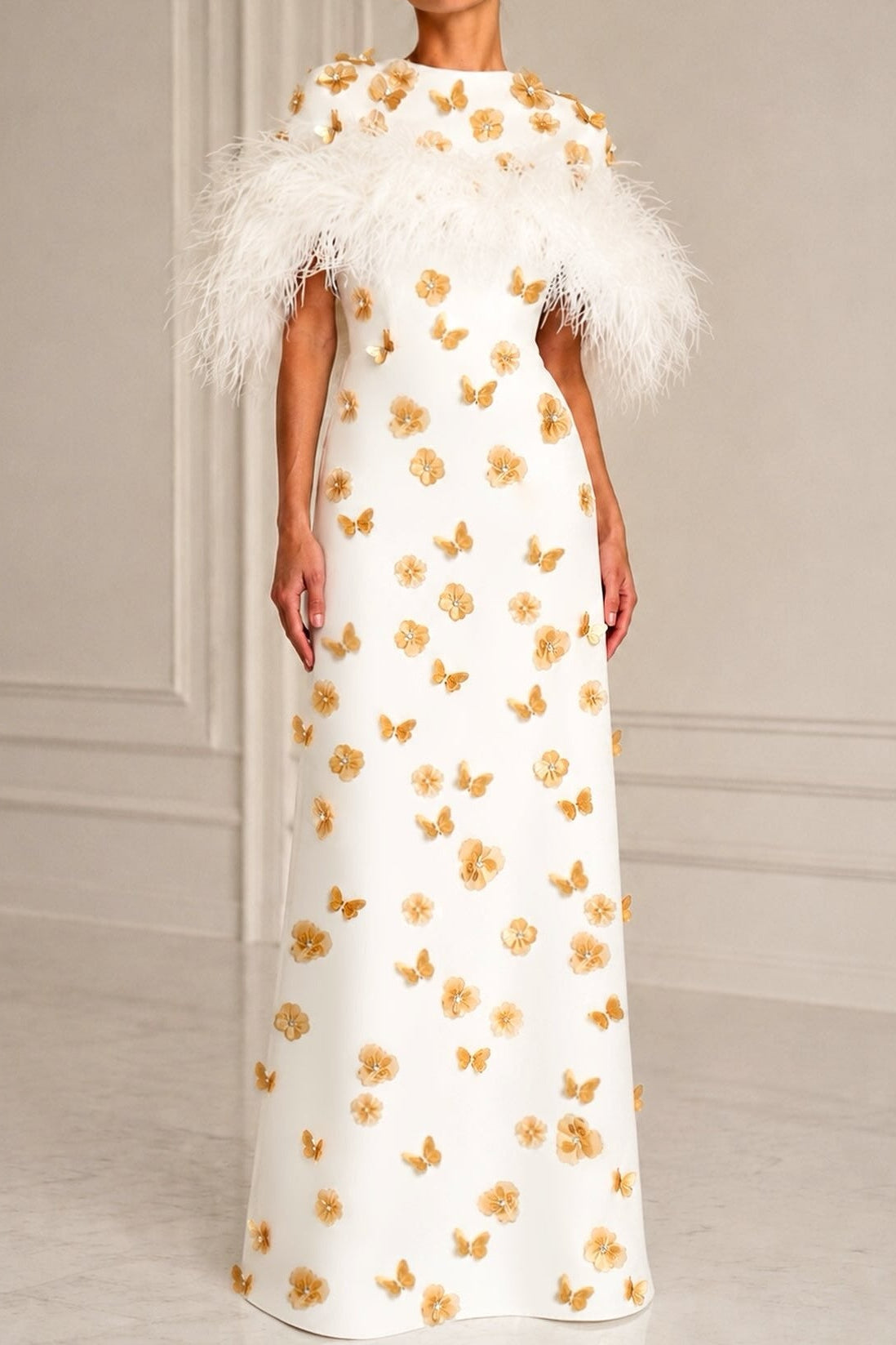 Feather-Trim Gown with 3D Floral and Butterfly Appliques