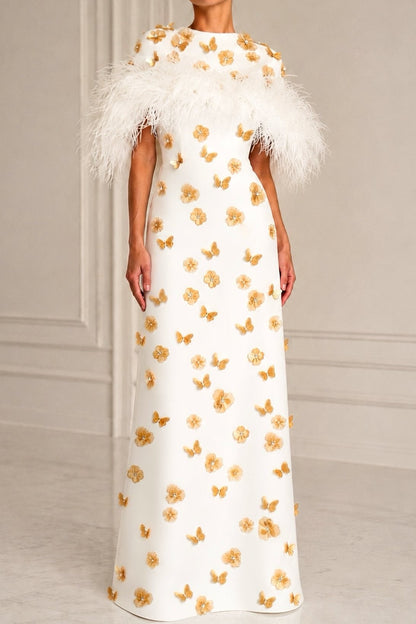 Feather-Trim Gown with 3D Floral and Butterfly Appliques