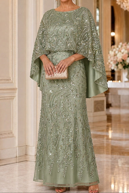 Beaded Cape Overlay Evening Gown
