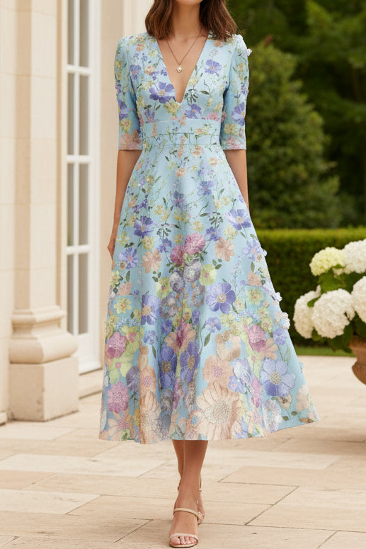 Floral Embroidered Deep V-Neck Midi Dress with Pockets