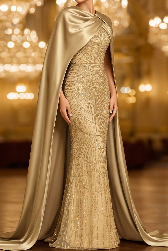 Beaded Mermaid Evening Gown with Draped Cape