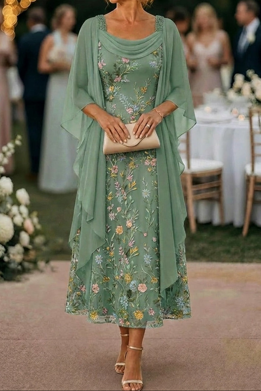 Embroidered Floral Midi Dress with Chiffon Cape