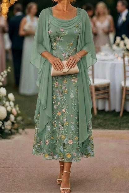 Embroidered Floral Midi Dress with Chiffon Cape