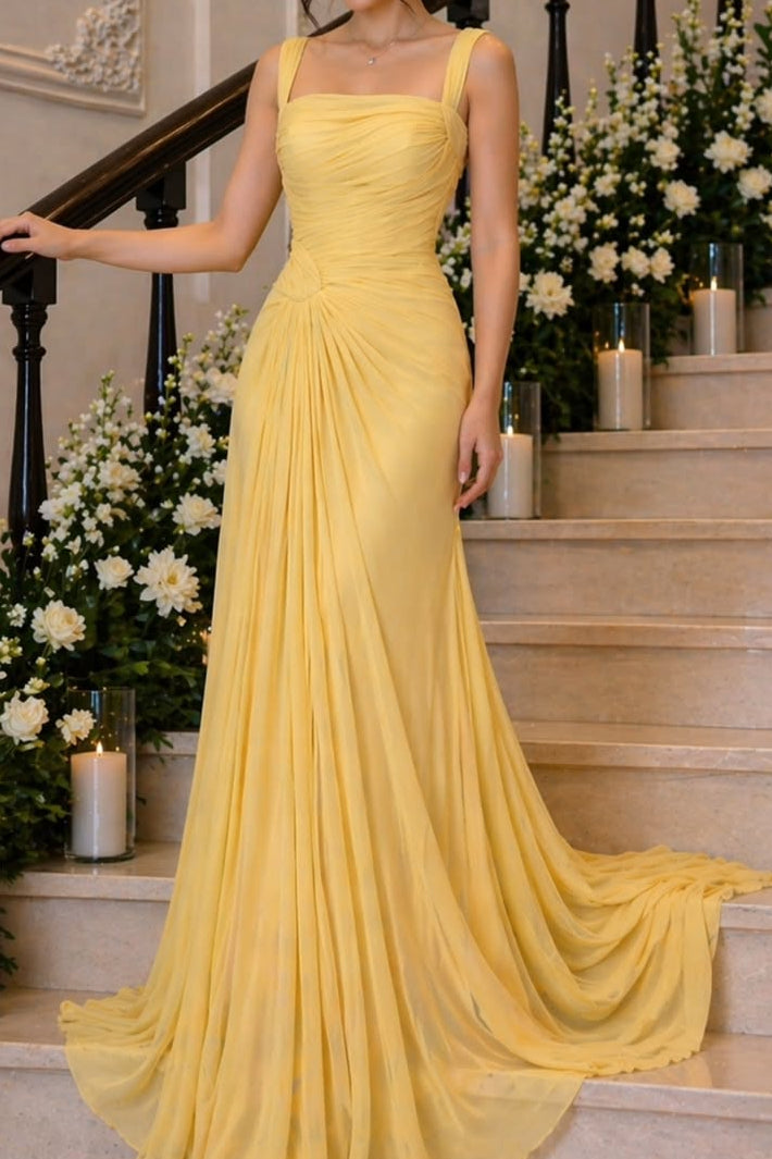 Square Neck Pleated Chiffon Evening Gown