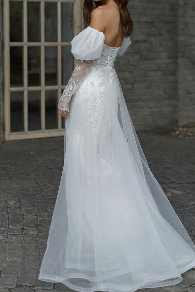 Off-the-Shoulder Tulle Wedding Dress with Sleeves