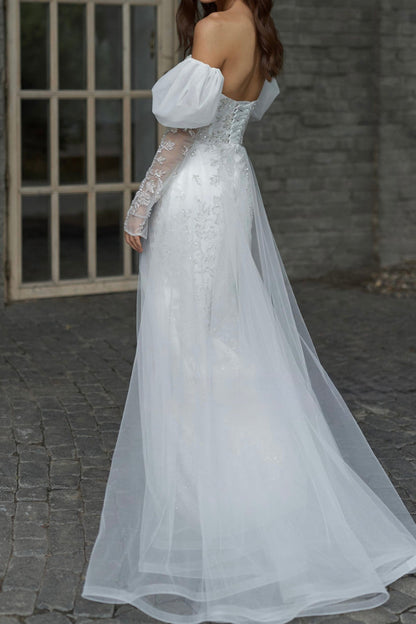 Off-the-Shoulder Tulle Wedding Dress with Sleeves