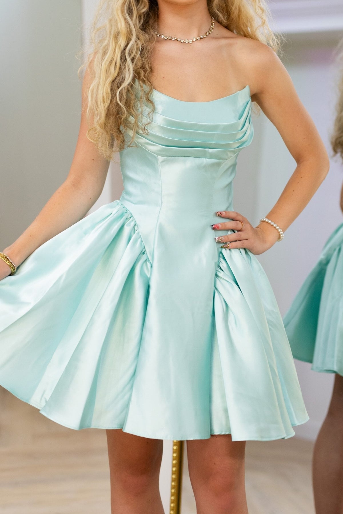 Strapless Pleated Satin Short Dress with Basque Waist