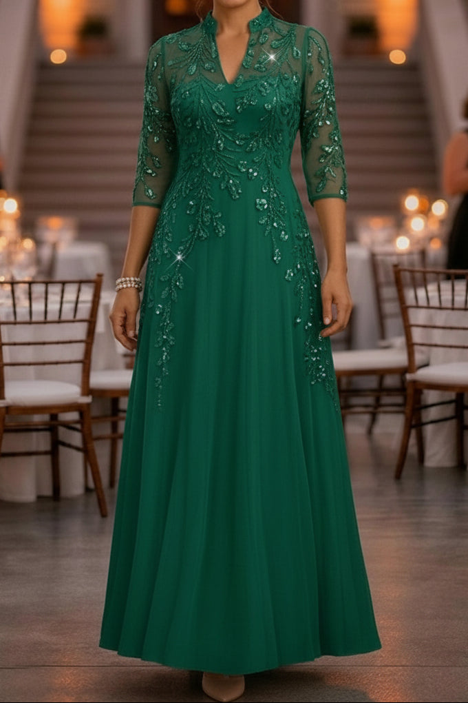 Sequin Illusion Sleeve A-Line Formal Evening Dress