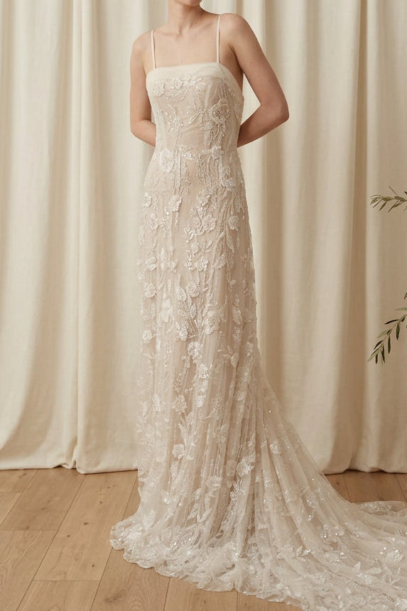 Embroidered Floral Wedding Dress with Train