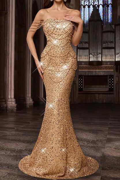 Off-the-Shoulder Beaded Sequin Mermaid Gown