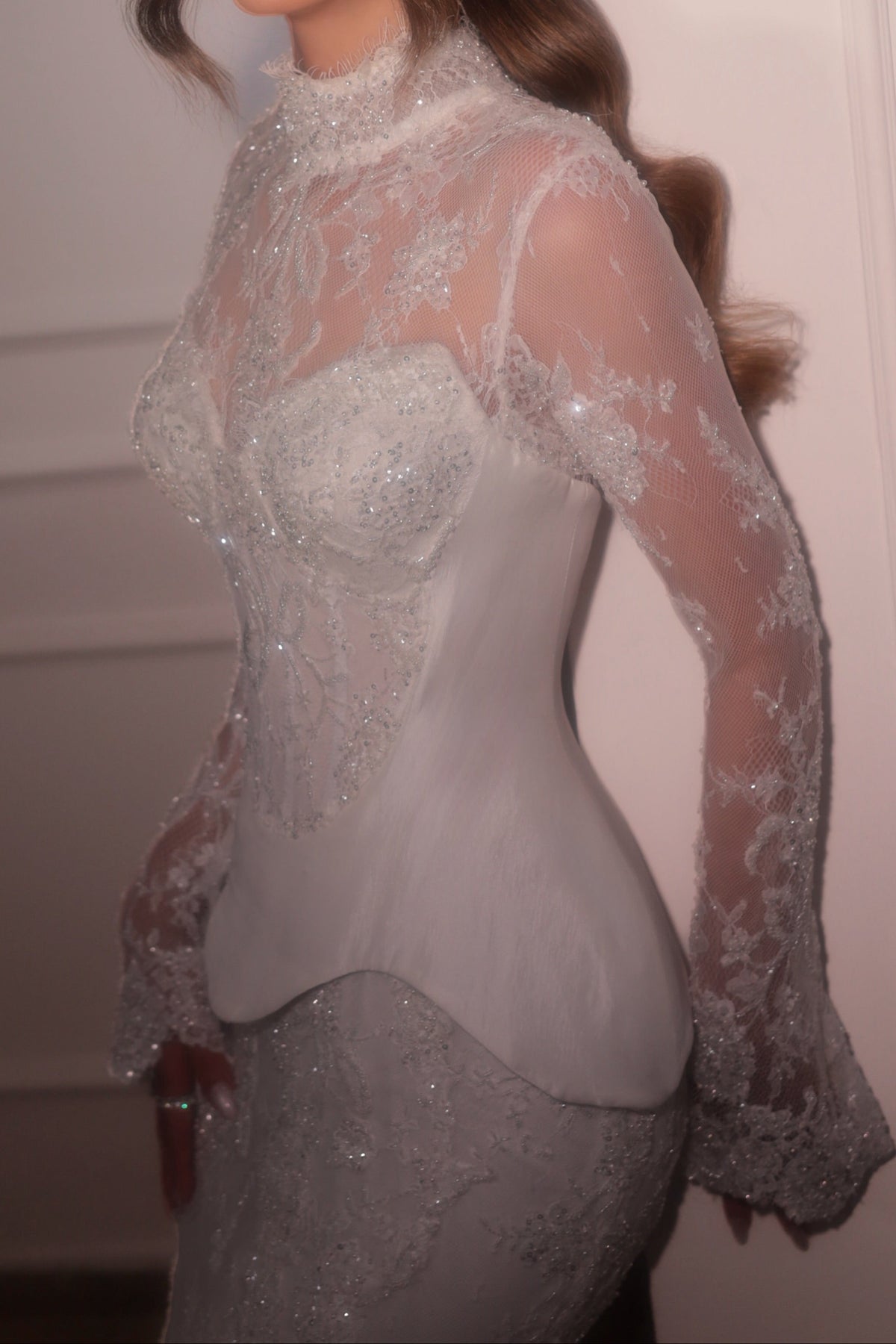 High Neck Lace Peplum Mermaid Wedding Dress