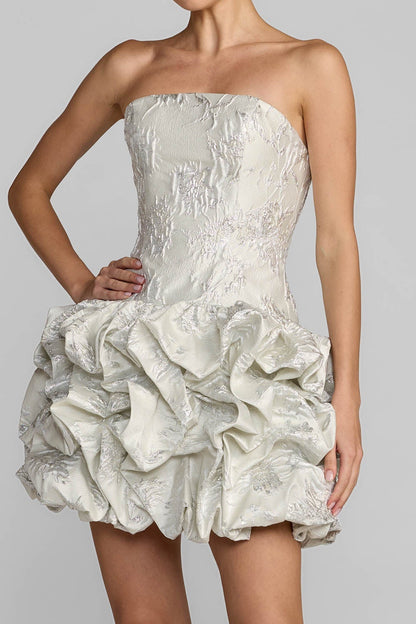Strapless Jacquard Mini Dress with Ruffled Bubble Skirt