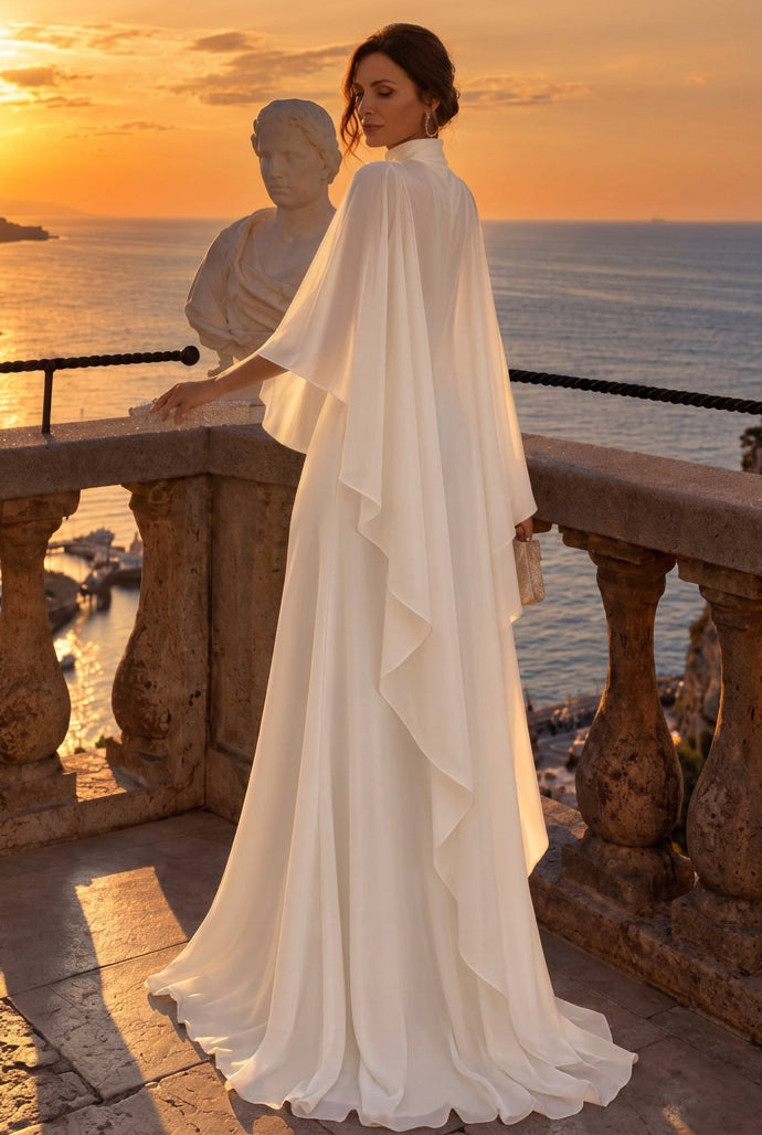 High Neck Sheath Gown with Semi-Sheer Cape