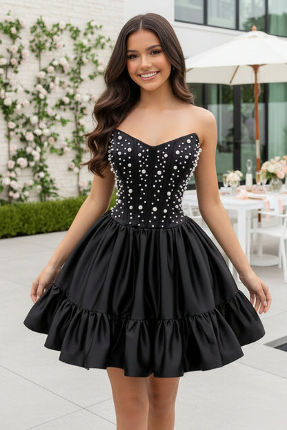 Strapless Pearl-Embellished Corset Satin Mini Dress