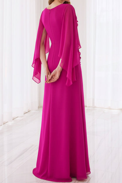 Chiffon Cape Sleeve Evening Dress with 3D Flowers