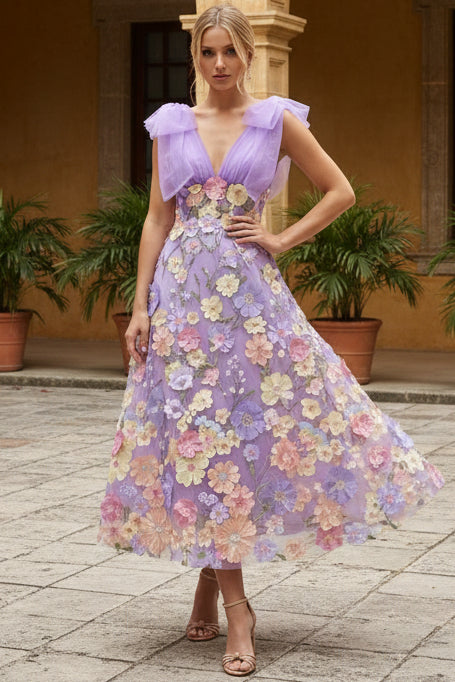 A-Line 3D Floral Applique Tulle Midi Dress