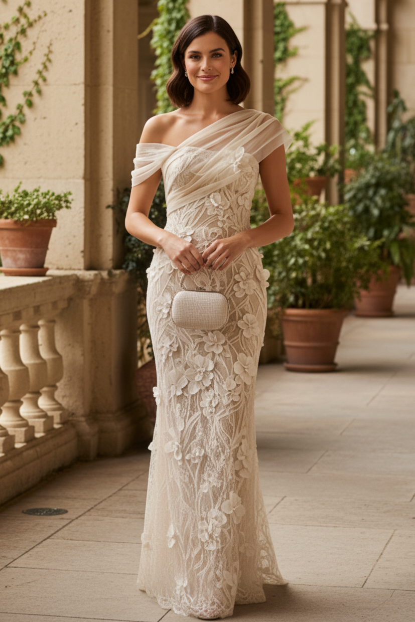 3D Floral Applique One-Shoulder Maxi Dress
