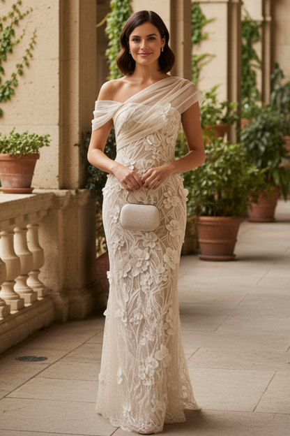 3D Floral Applique One-Shoulder Maxi Dress