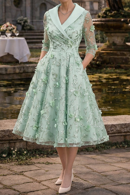 Elegant A-Line Tea-Length Dress with Pockets
