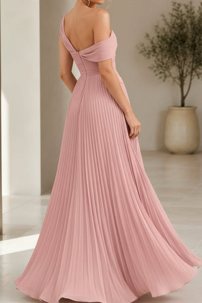 One-Shoulder Pleated A-Line Evening Gown