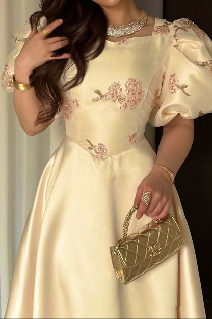 Embroidered Satin A-Line Evening Gown with Puff Sleeves