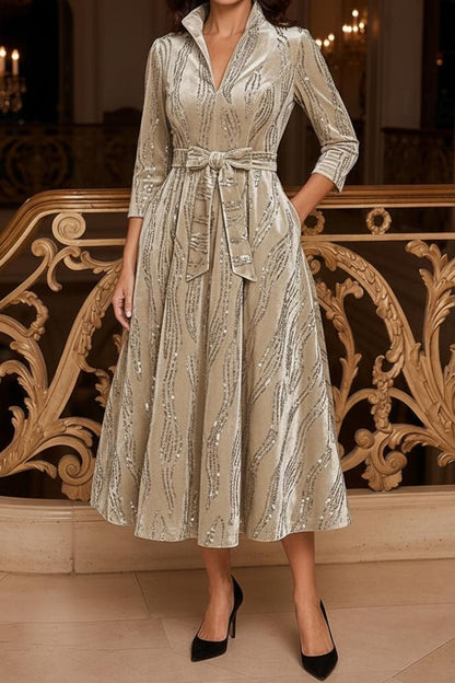 Sequin Velvet Midi Dress with Collar and Belt