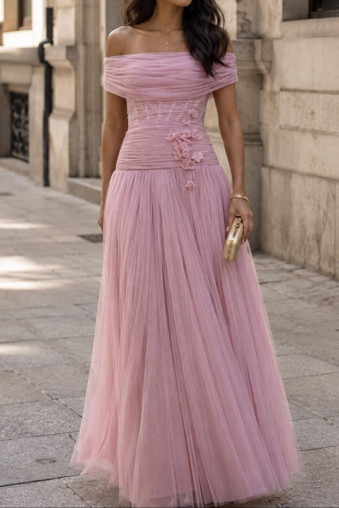 Off-the-Shoulder Tulle Gown with 3D Flowers
