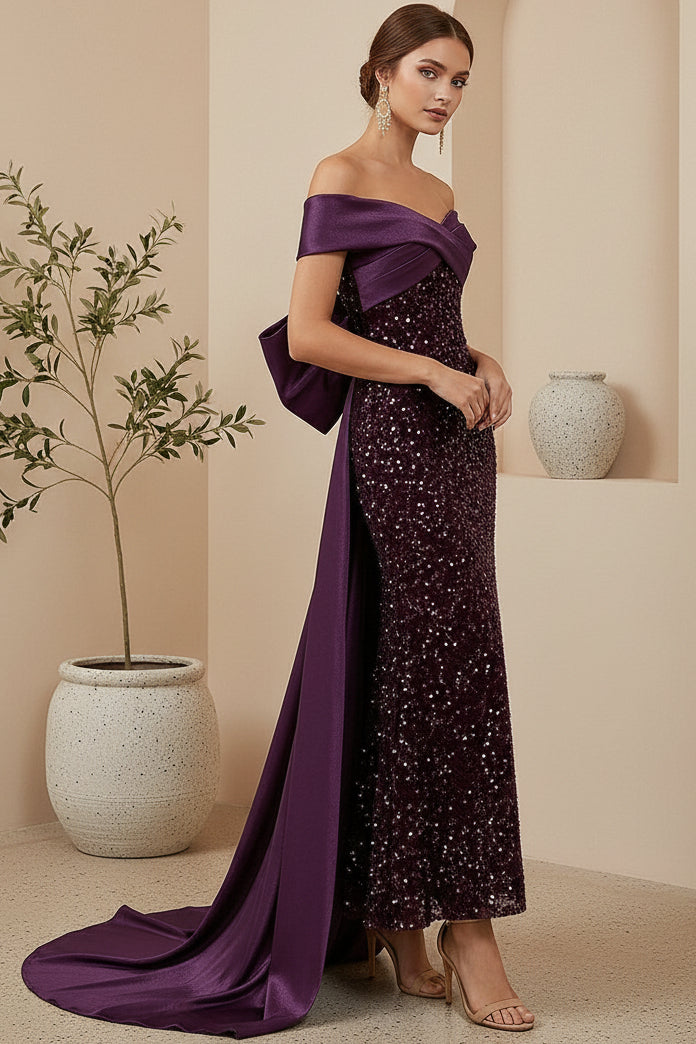Off-Shoulder Sequin Evening Gown with Bow