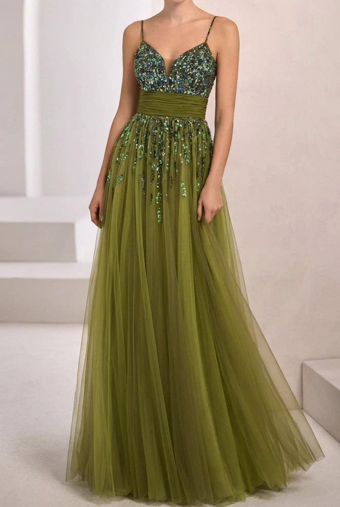 Sequined Tulle A-Line Gown with Ruched Waistband