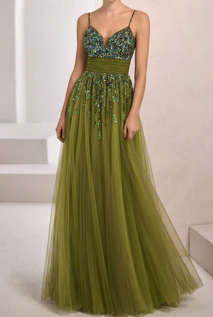 Sequined Tulle A-Line Gown with Ruched Waistband
