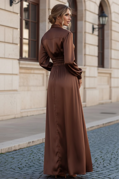 Collared V-Neck Satin Maxi Dress with Smocked Waist