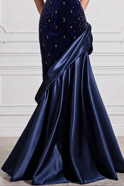 Embellished One-Shoulder Velvet Gown with Satin Drape