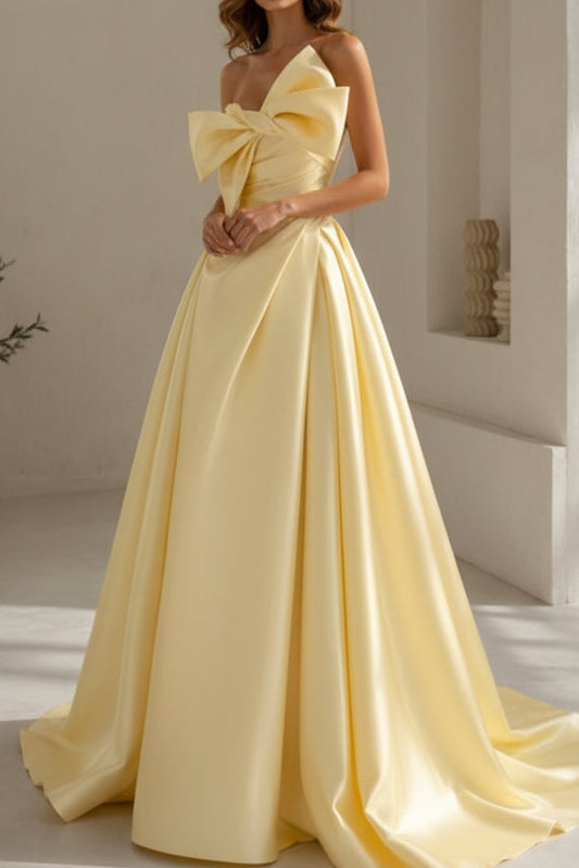 Strapless Satin Bow A-Line Evening Gown