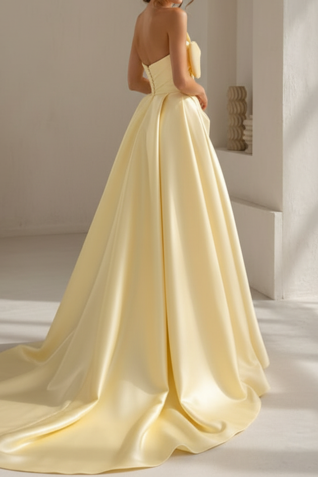 Strapless Satin Bow A-Line Evening Gown