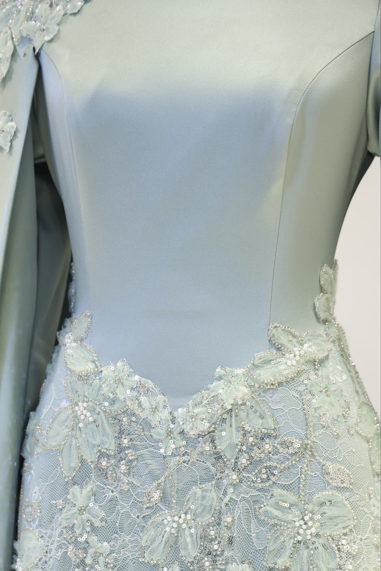 High-Neck Long-Sleeve Evening Gown with Floral Cape