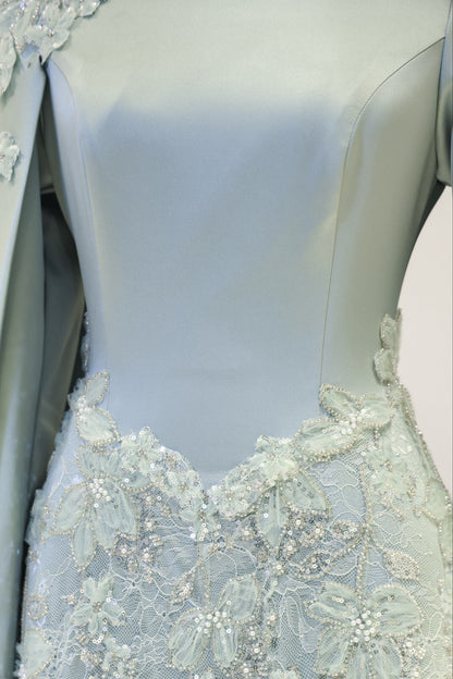 High-Neck Long-Sleeve Evening Gown with Floral Cape