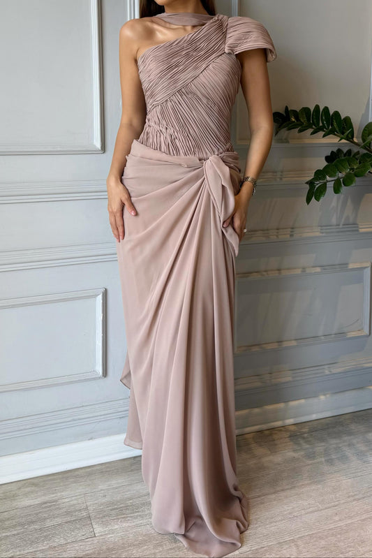 Pleated One-Shoulder Draped Evening Gown