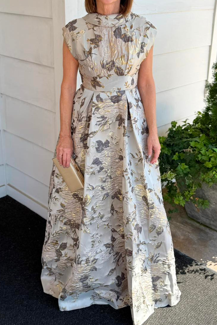 Metallic Floral Jacquard Pleated A-Line Gown