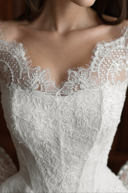 Long-Sleeve Lace Ball Gown Wedding Dress with V-Back