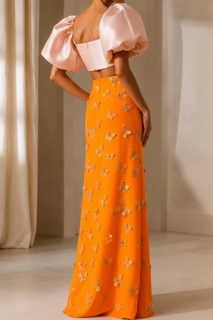 Two-Piece Gown: Puff Sleeve Top & Floral Applique Skirt