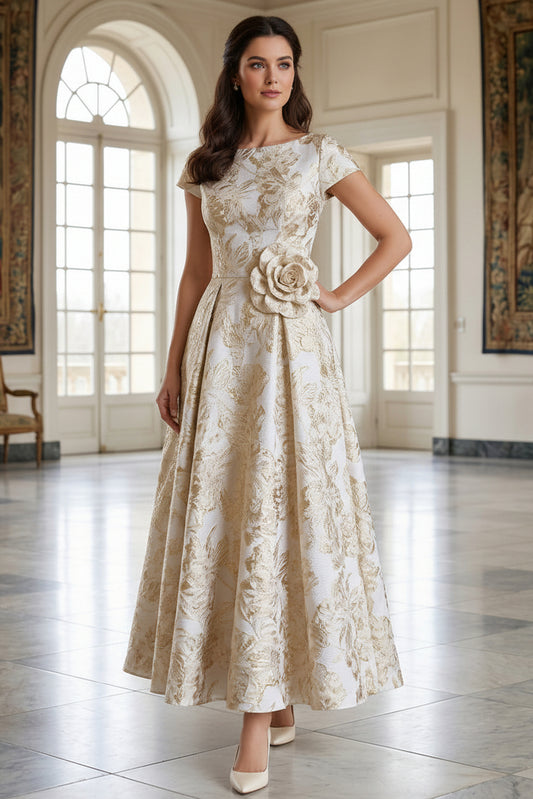 Floral Jacquard Bateau Neck A-Line Dress