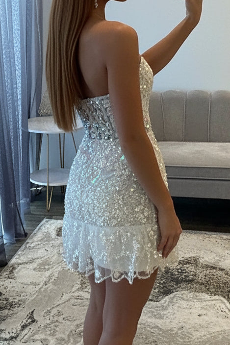 Strapless Floral Sequin Tiered Hem Mini Dress