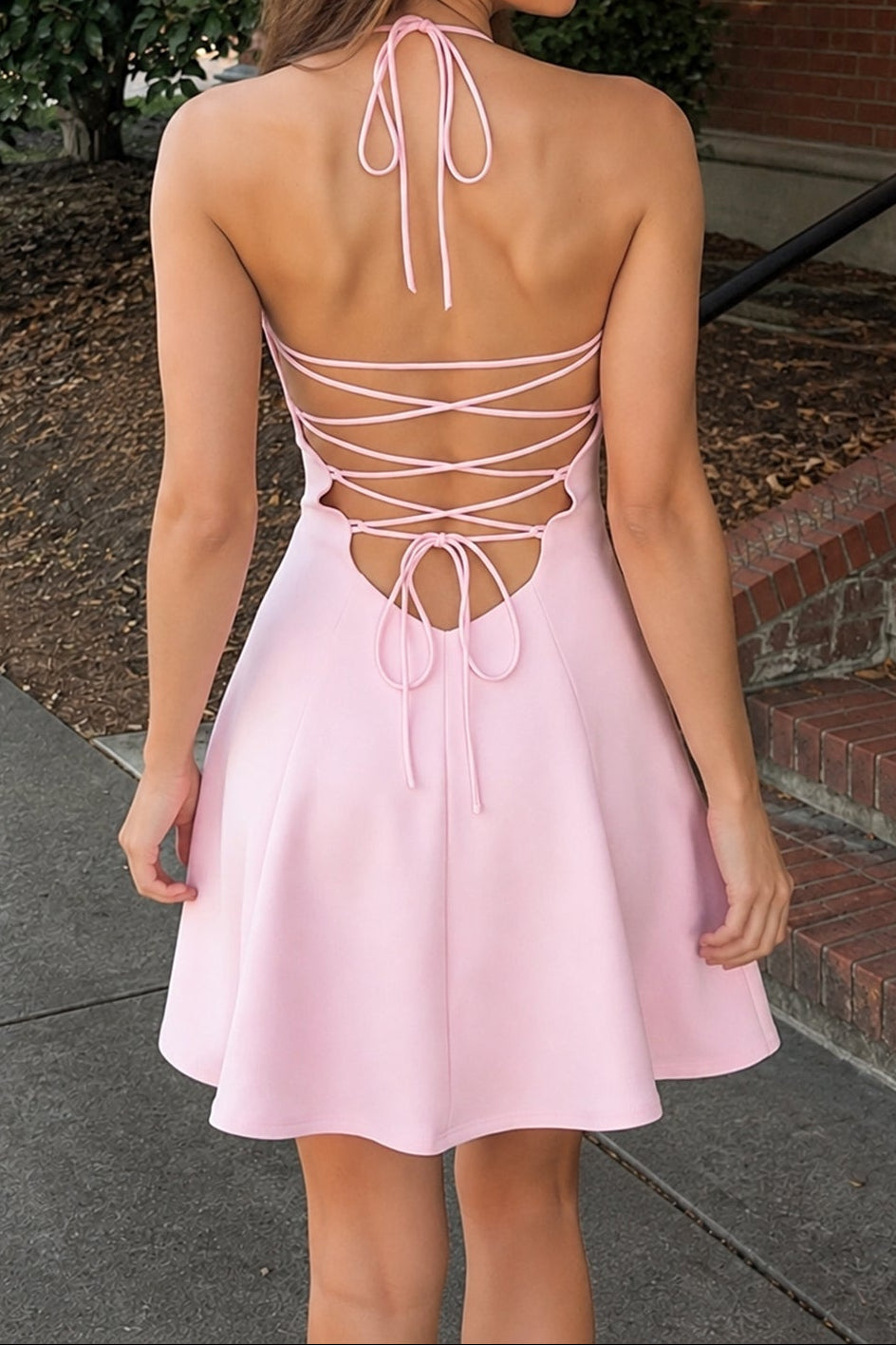 Floral Applique Mini Dress with Lace-Up Open Back