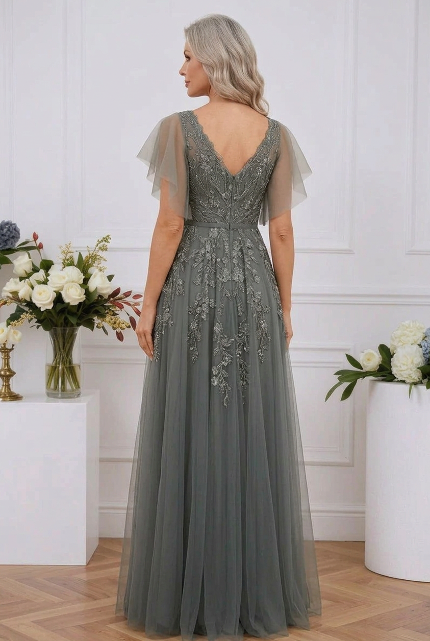 Embroidered Tulle A-Line Gown with Flutter Sleeves